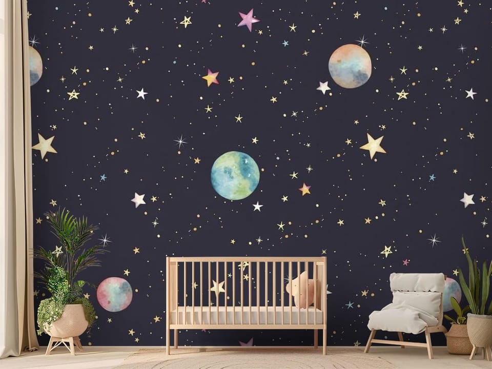 Fototapeta z kolorowymi planetami i gwiazdami na ciemnym tle - nasłoneczniony pokój dziecięcy