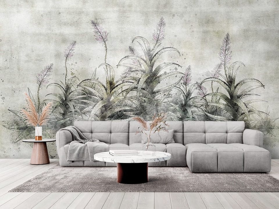 Fototapeta z roślinami o długich liściach i kwiatami na szarym tle - elegancki salon w stylu minimalistycznym