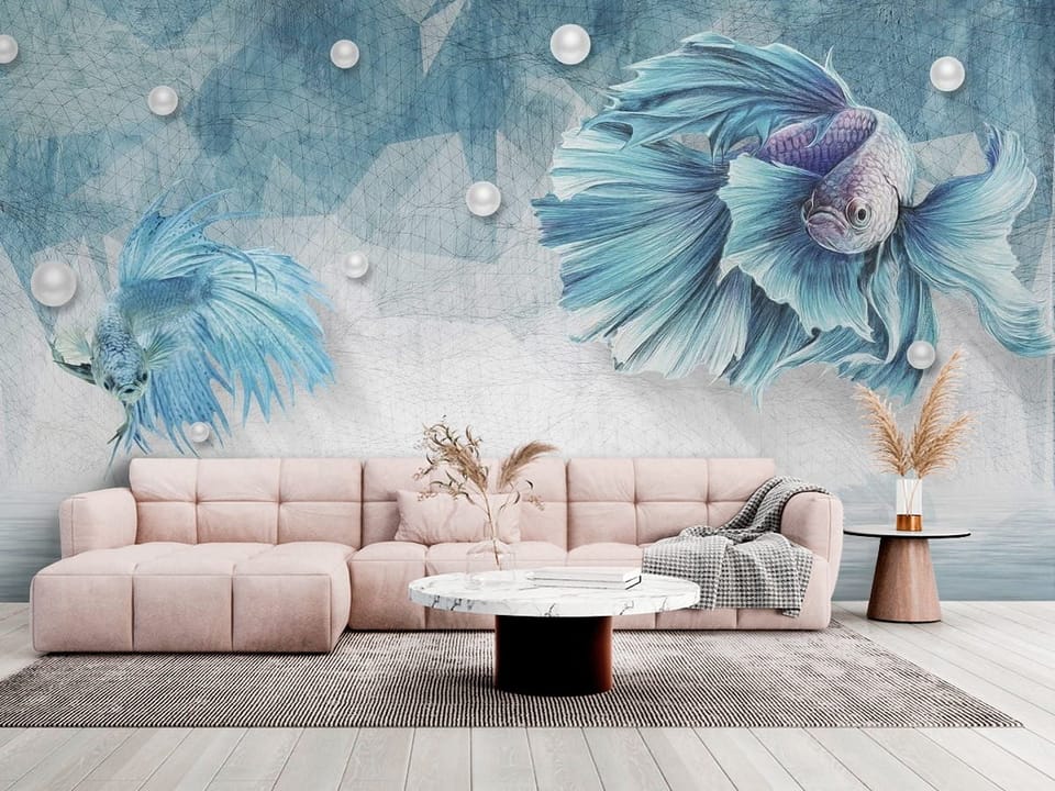 Fototapeta z dwoma niebieskimi rybami i geometrycznym tłem - salon w jasnych kolorach