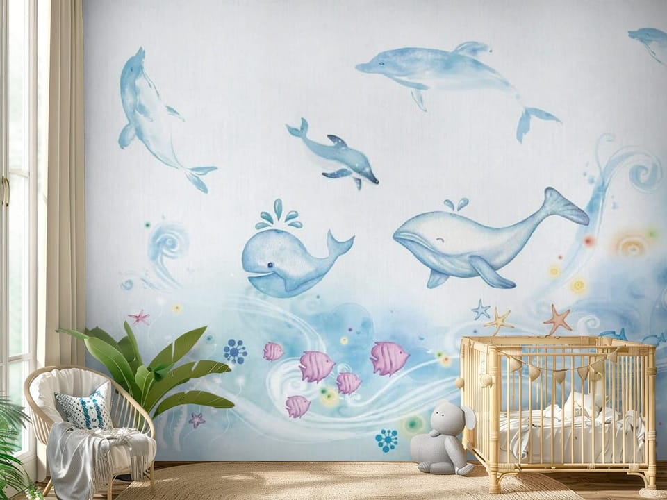 Fototapeta z wielorybami i delfinami w oceanie, morskie rośliny i fale - przytulny pokój dziecięcy