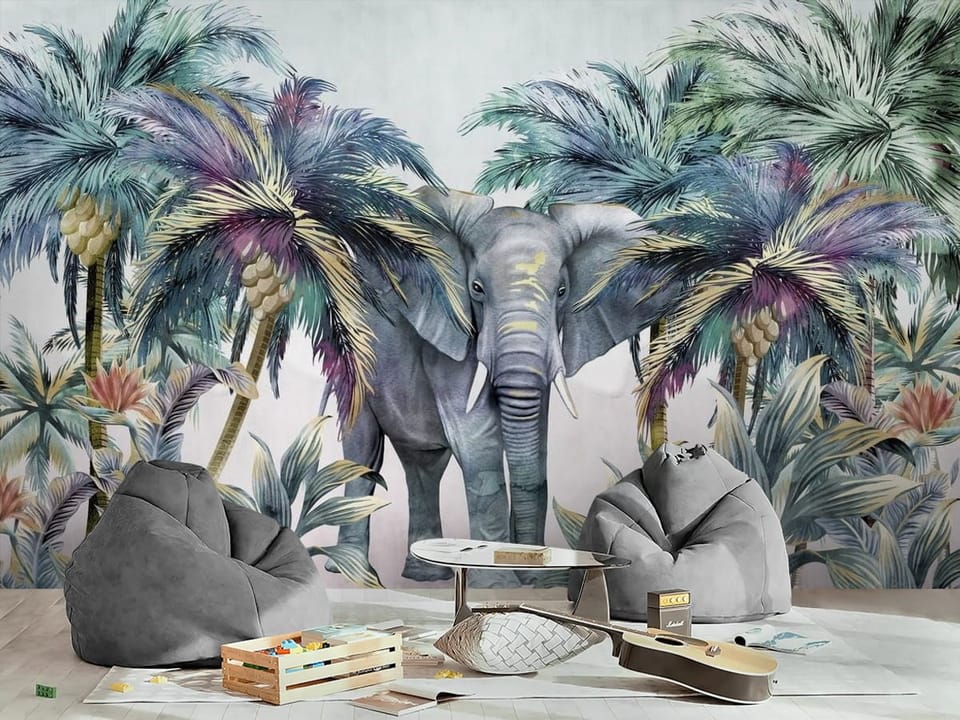 Fototapeta z motywem słonia w otoczeniu tropikalnych palm i kolorowych liści - inspiracja do pokoju nastolatka