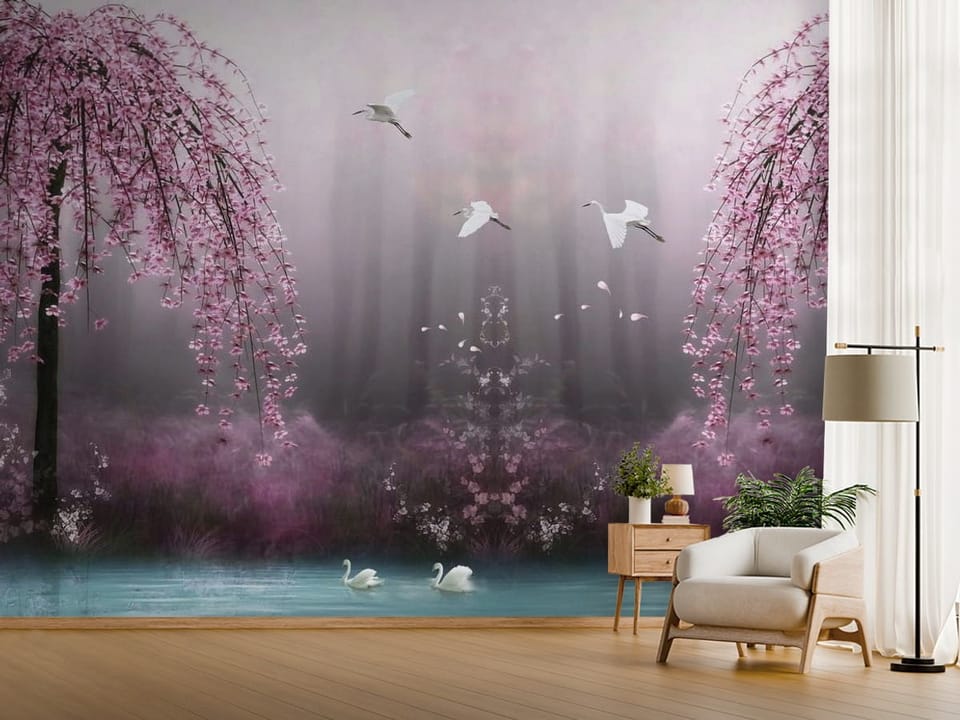 Fototapeta z różowymi kwiatami na drzewach, mgłą i wodą - jasny przedpokój w stylu minimalistycznym