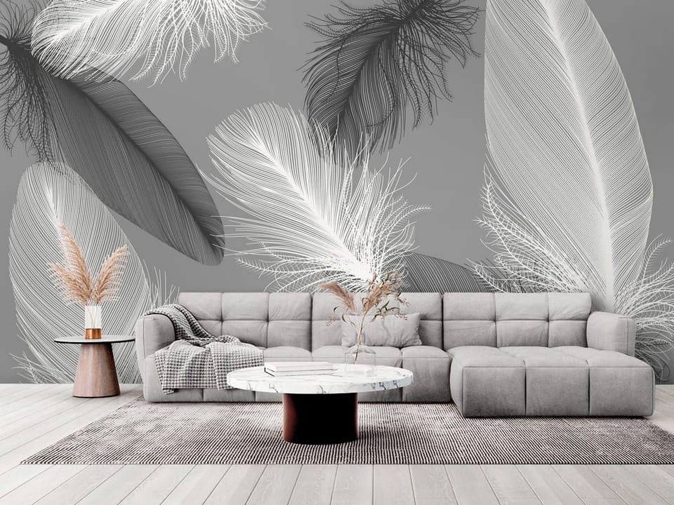 Fototapeta z dużymi piórami na szarym tle, białe i czarne pióra - elegancki salon w stylu minimalistycznym