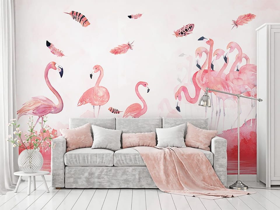 Fototapeta Różowe Flamingi na Białym Tle - aranżacja w salonie