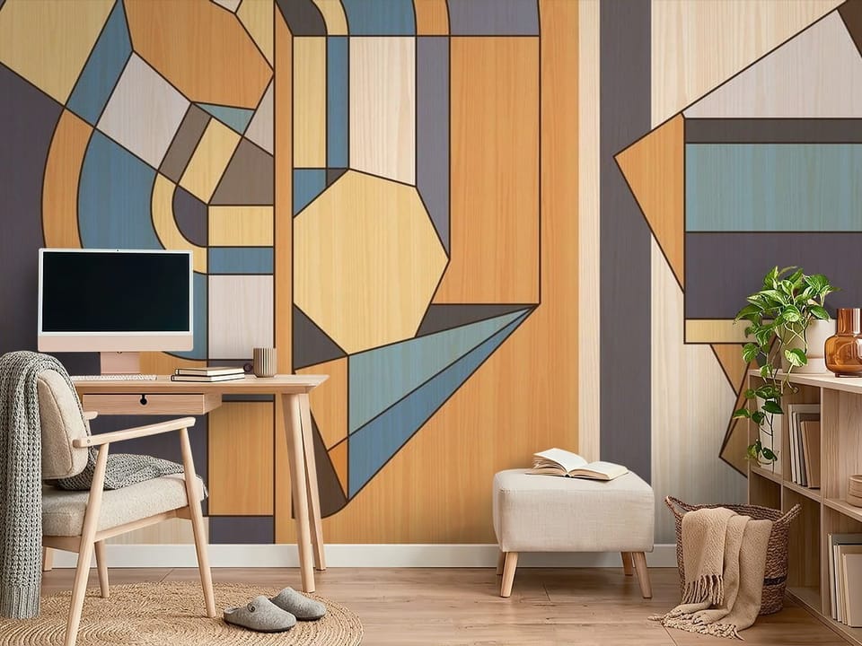 Fototapeta z geometrycznymi wzorami w kolorach ziemi i niebieskim - ściana w minimalistycznym pokoju nastolatka
