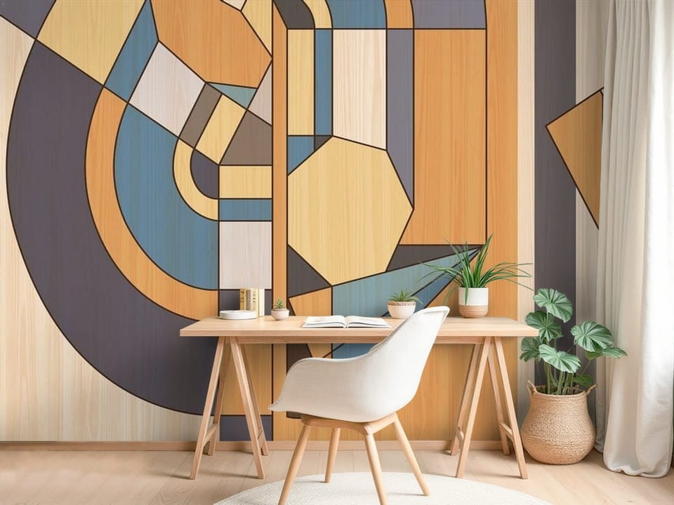 Fototapeta z geometrycznymi wzorami w kolorach ziemi i niebieskim - ściana za biurkiem w pokoju nastolatka