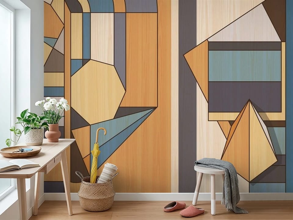 Fototapeta z geometrycznymi wzorami w kolorach ziemi i niebieskim - widok na ścianę w przedpokoju