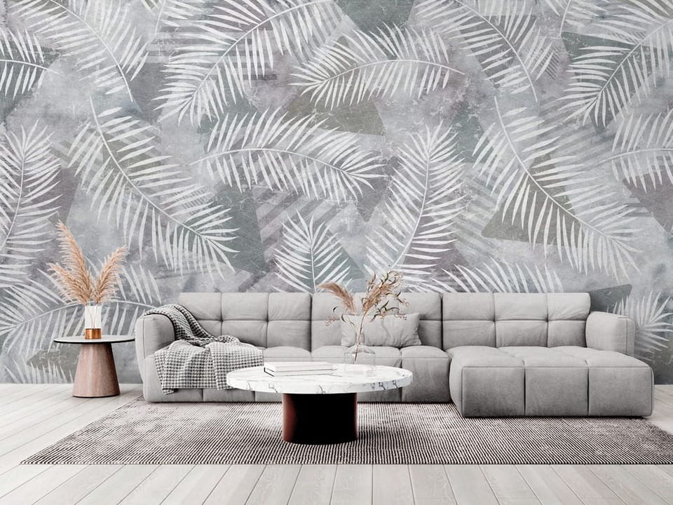 Fototapeta z białymi liśćmi palmowymi na szarym tle z geometrycznymi wzorami - elegancki salon w stylu minimalistycznym