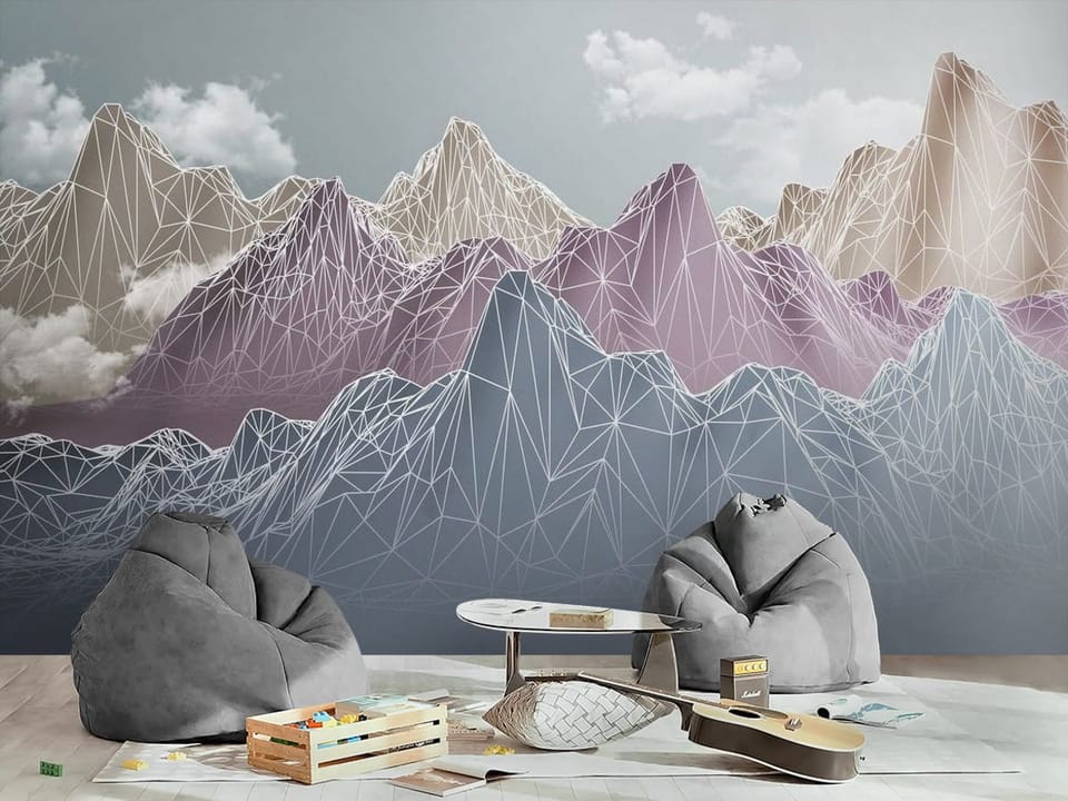 Fototapeta z abstrakcyjnymi górami pokrytymi geometryczną siatką - inspiracja do pokoju nastolatka