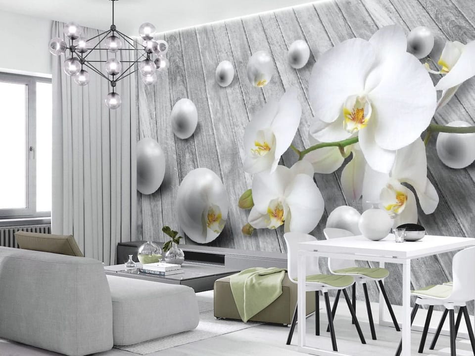 Fototapeta Białe orchidee na drewnianym tle - aranżacja w salonie