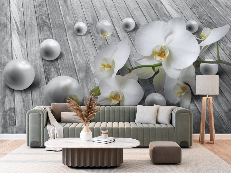Fototapeta z białymi orchideami na tle szarych desek z perłowymi kulami - ściana w klasycznym salonie