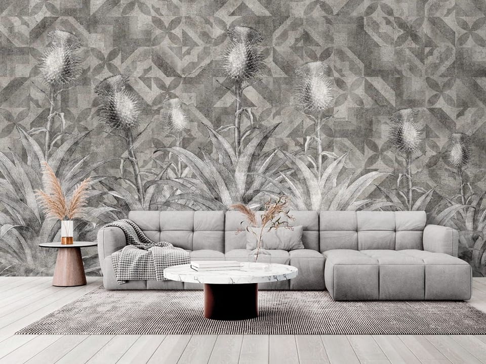 Fototapeta z roślinami o kolczastych kwiatach i geometrycznym wzorze - elegancki salon w stylu minimalistycznym