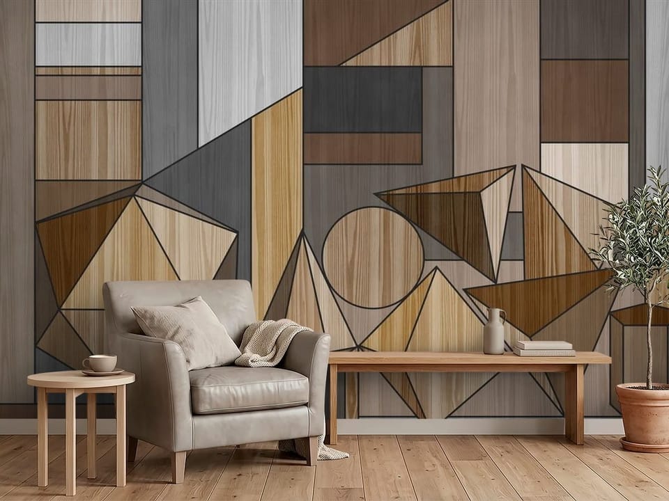 Fototapeta z geometrycznymi bryłami i drewnianymi teksturami - przytulny kącik w biurze