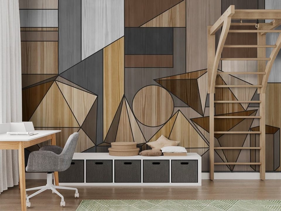 Fototapeta z geometrycznymi bryłami i drewnianymi teksturami - nowoczesny pokój nastolatka z modnym akcentem