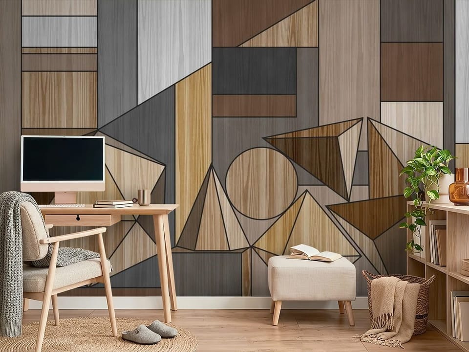 Fototapeta z geometrycznymi bryłami i drewnianymi teksturami - ściana w minimalistycznym pokoju nastolatka