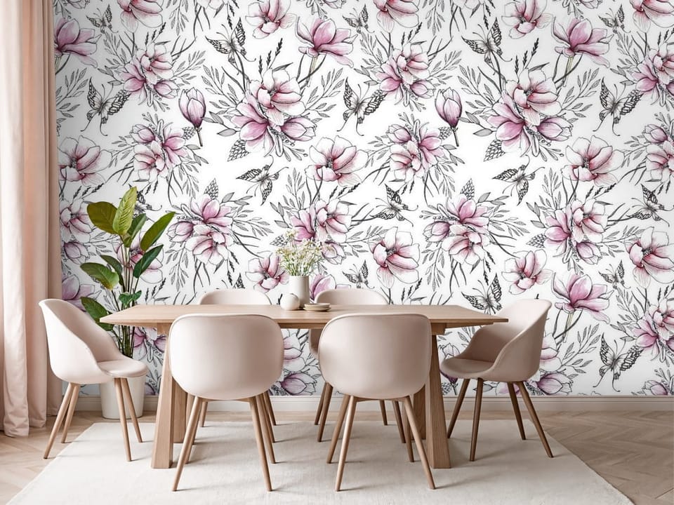 Fototapeta z kwiatami magnolii i delikatnymi liśćmi na białym tle - przytulna strefa jadalniana w kuchni