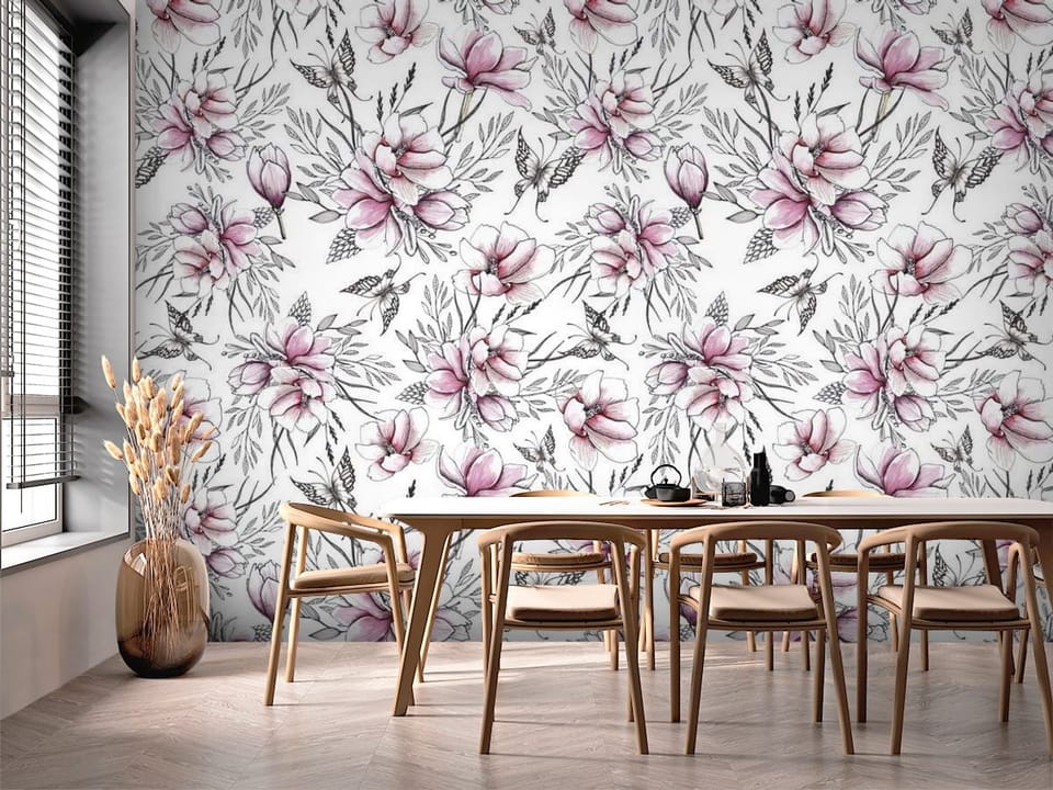 Fototapeta z kwiatami magnolii i delikatnymi liśćmi na białym tle - ściana przy stole jadalnianym w kuchni