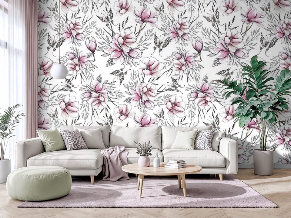 Fototapeta z kwiatami magnolii i delikatnymi liśćmi na białym tle - salon w jasnych barwach z modnym akcentem