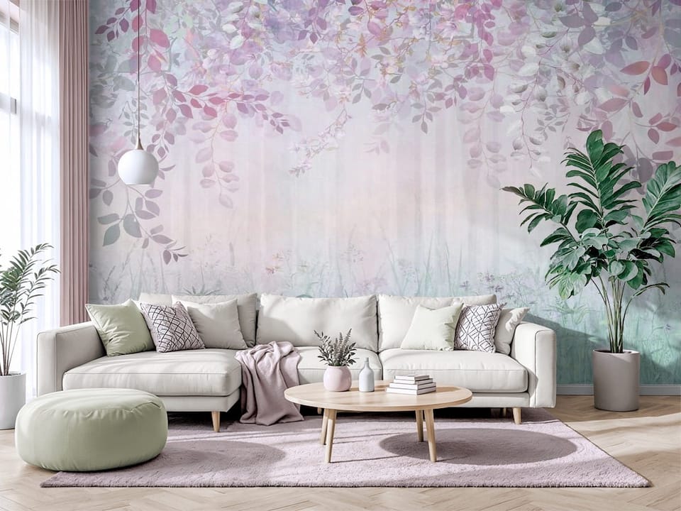 Fototapeta z wiszącymi gałęziami, liśćmi i delikatnymi kwiatami na pastelowym tle - salon w jasnych barwach z modnym akcentem