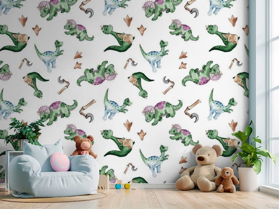 Fototapeta z kolorowymi dinozaurami na białym tle dla dzieci - przytulny kącik do zabawy w pokoju dziecka