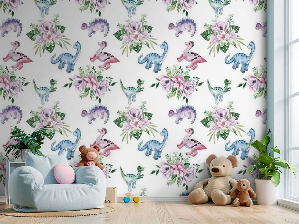 Fototapeta z kolorowymi dinozaurami i pastelowymi kwiatami - przytulny kącik do zabawy w pokoju dziecka