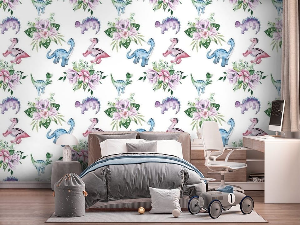 Fototapeta z kolorowymi dinozaurami i pastelowymi kwiatami - pokój dziecięcy w szarych kolorach
