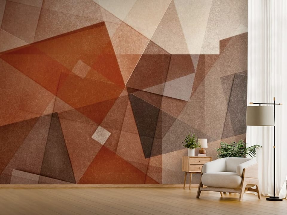 Fototapeta z geometrycznymi kształtami i trójkątami w odcieniach brązu - jasny przedpokój w stylu minimalistycznym