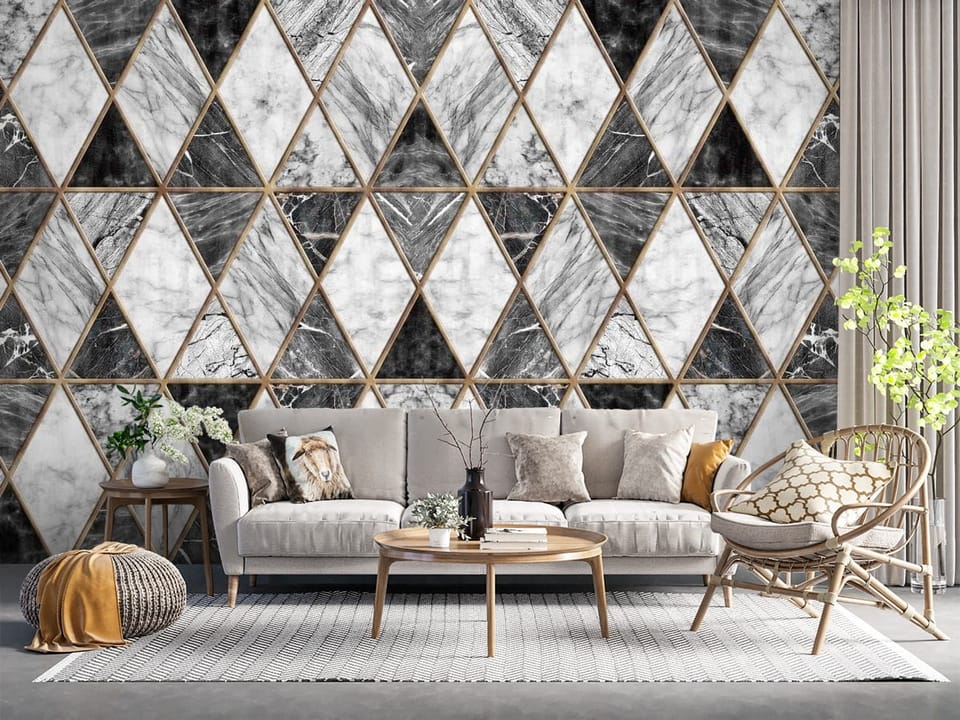 Fototapeta z geometrycznym wzorem rombów i marmurowym motywem - salon z naturalnymi dodatkami