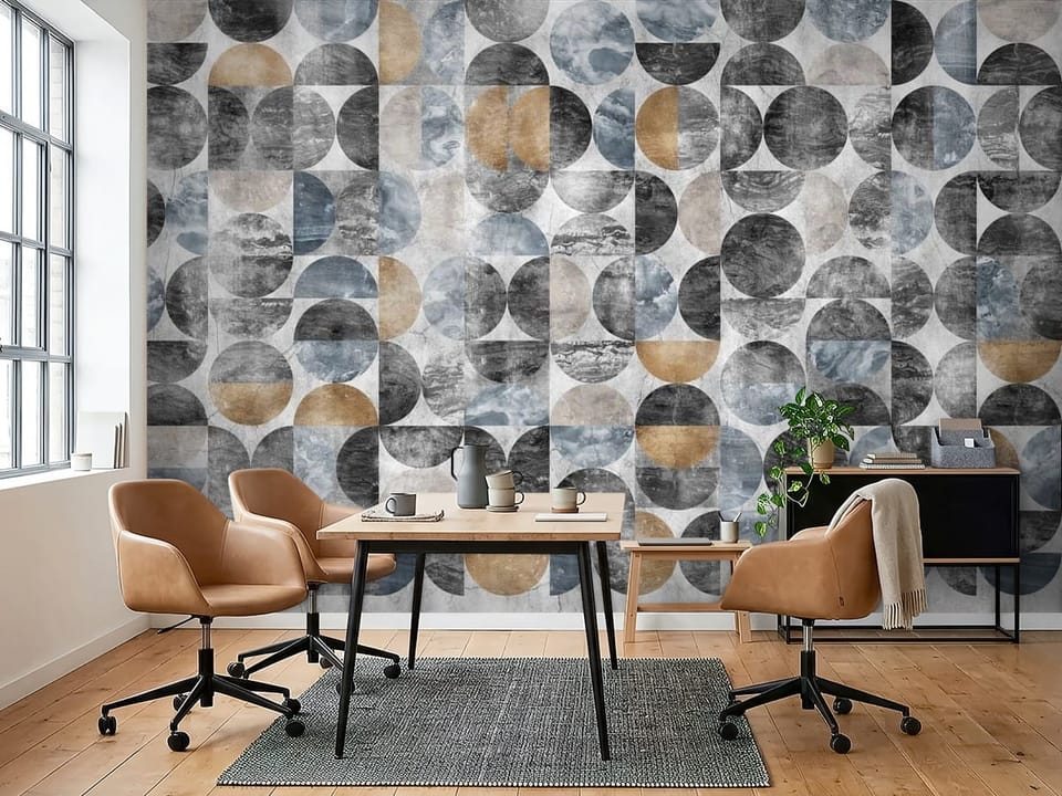 Fototapeta z geometrycznymi wzorami okręgów w szarościach i niebieskim - inspiracja do biura w ciepłych kolorach