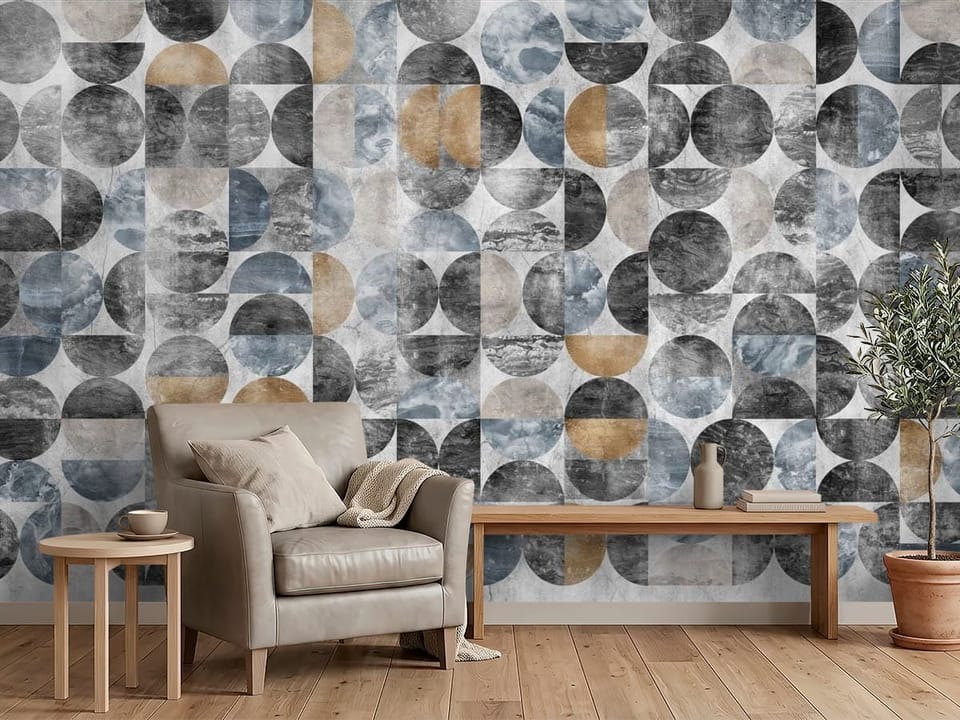Fototapeta z geometrycznymi wzorami okręgów w szarościach i niebieskim - przytulny kącik w biurze