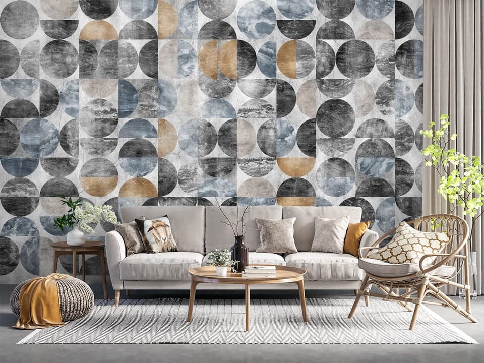 Fototapeta z geometrycznymi wzorami okręgów w szarościach i niebieskim - salon z naturalnymi dodatkami