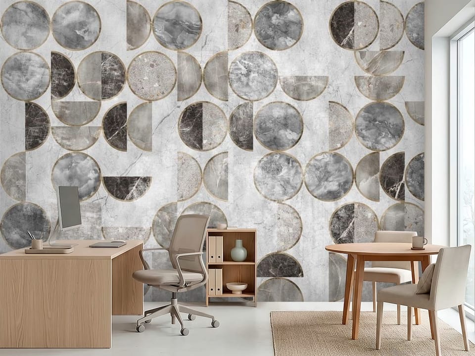 Fototapeta z geometrycznymi wzorami okręgów i półokręgów w szaro-beżowej tonacji - inspiracja do biura w jasnych kolorach