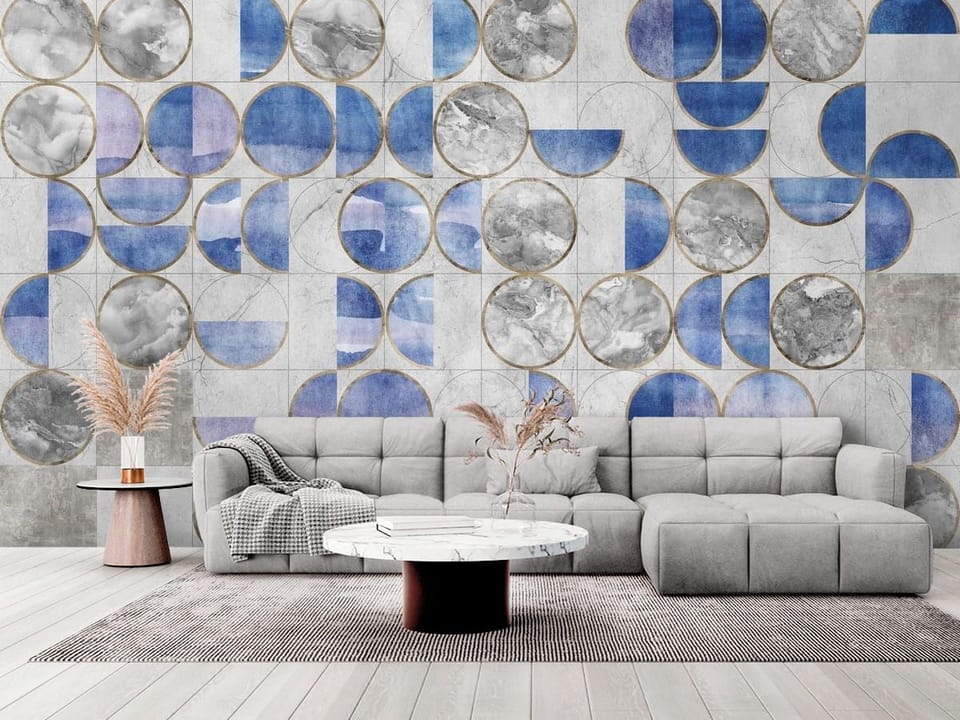 Fototapeta z geometrycznymi wzorami, okręgi i półokręgi w odcieniach niebieskiego i szarości - elegancki salon w stylu minimalistycznym