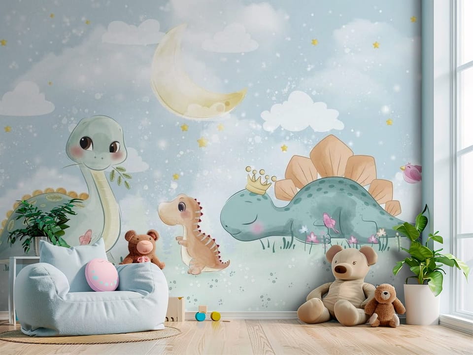 Fototapeta z trzema uroczymi dinozaurami na łące, księżyc i gwiazdy w tle - przytulny kącik do zabawy w pokoju dziecka