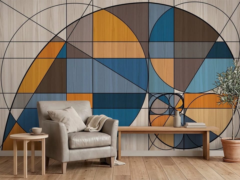 Fototapeta z geometrycznymi wzorami, duże okręgi i kwadraty, drewno - przytulny kącik w biurze