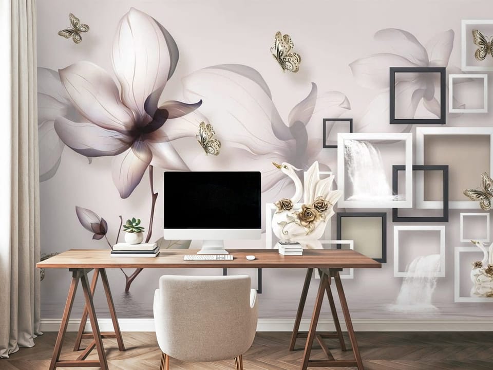 Fototapeta z magnolią, łabędziem, różami i wodospadem w geometrycznych ramach - miejsce robocze w biurze