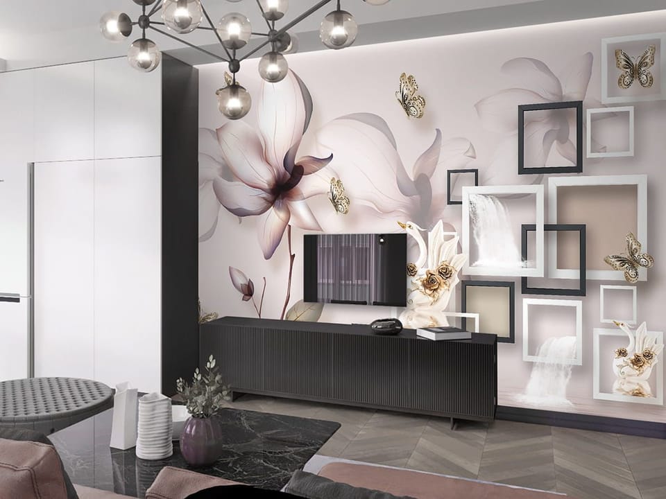 Fototapeta Magnolia z Łabędziem i Wodospadem - aranżacja w salonie