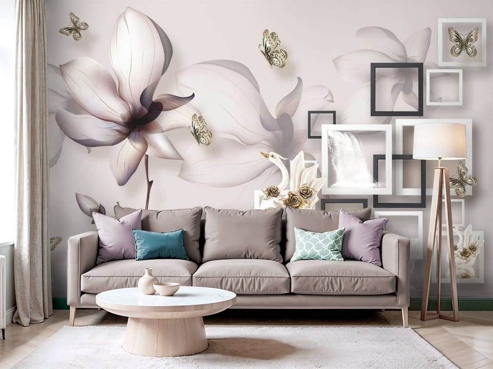 Fototapeta z magnolią, łabędziem, różami i wodospadem w geometrycznych ramach - piękna aranżacja ściany w salonie