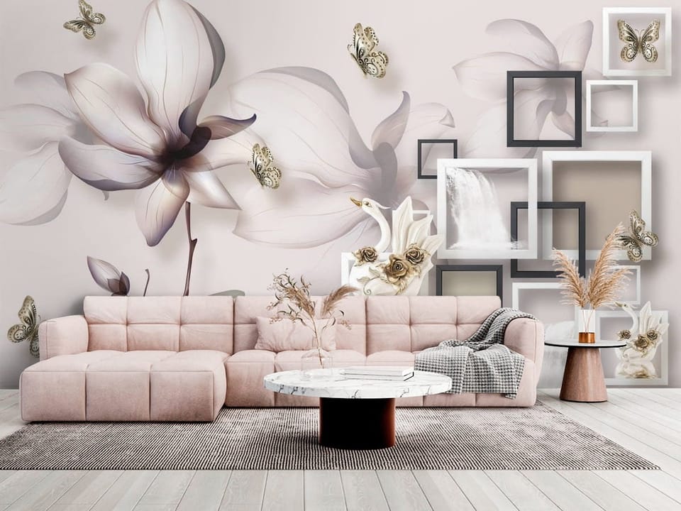 Fototapeta z magnolią, łabędziem, różami i wodospadem w geometrycznych ramach - salon w jasnych kolorach