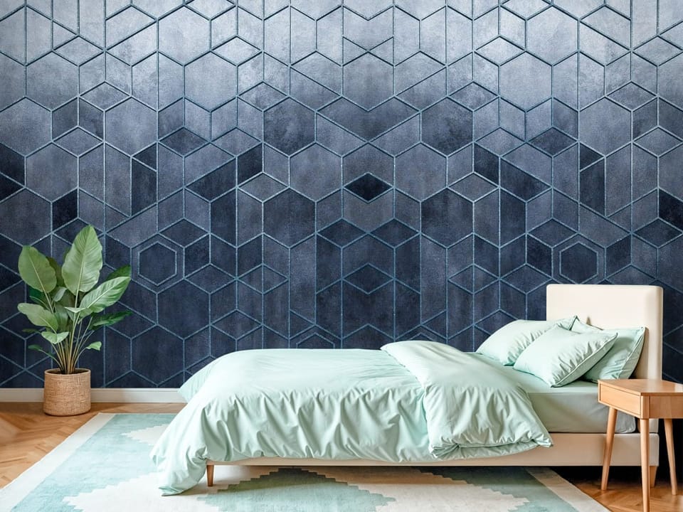 Fototapeta z geometrycznym wzorem heksagonów i metalicznym gradientem - piękna inspiracja do sypialni