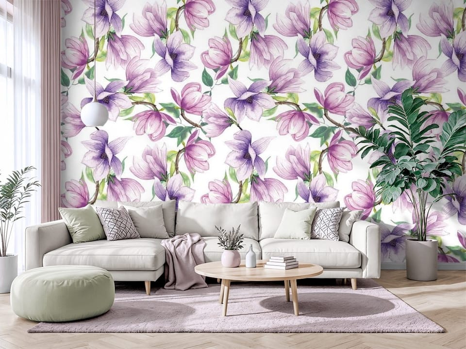 Fototapeta z kwiatami magnolii w odcieniach fioletu i różu na białym tle - salon w jasnych barwach z modnym akcentem