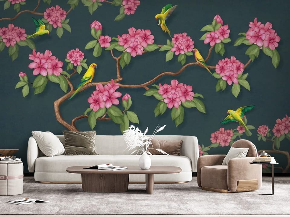 Fototapeta z gałęzią magnolii, różowe kwiaty i zielone liście na ciemnym tle - widok na ścianę za kanapą w salonie