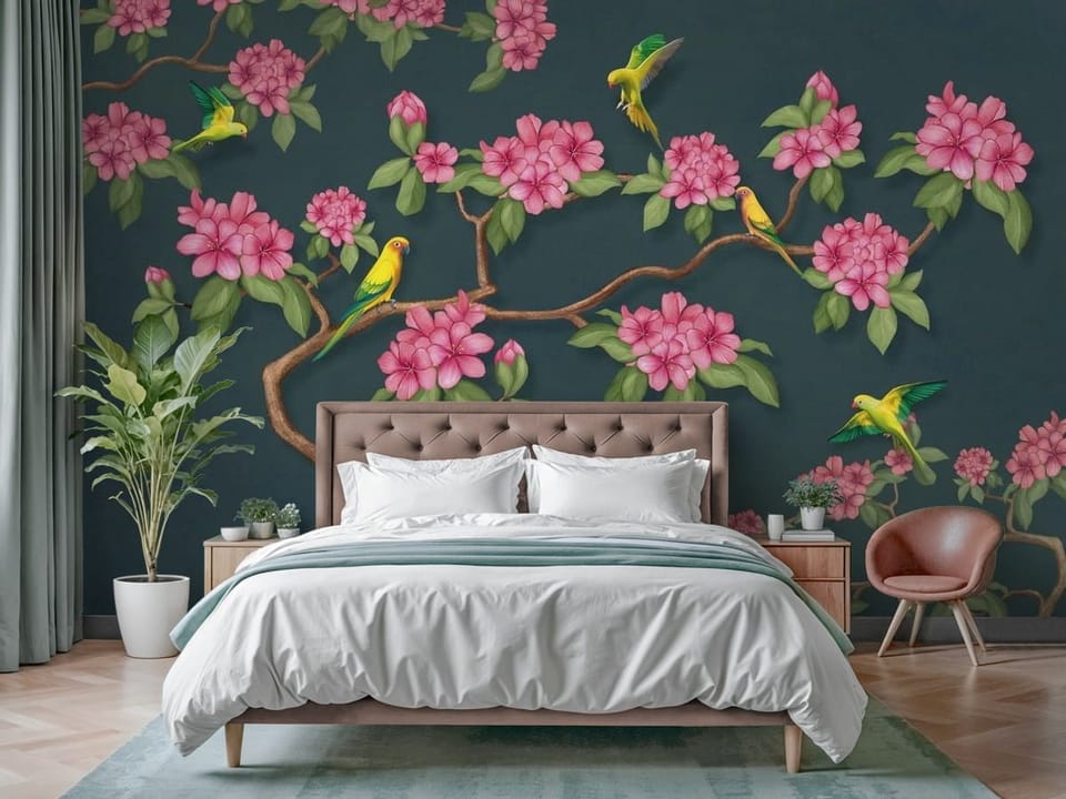 Fototapeta z gałęzią magnolii, różowe kwiaty i zielone liście na ciemnym tle - przytulna sypialnia