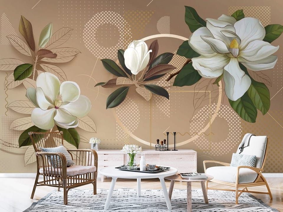 Fototapeta z trzema dużymi kwiatami magnolii na beżowym tle - aranżacja przedpokoju w stylu skandynawskim