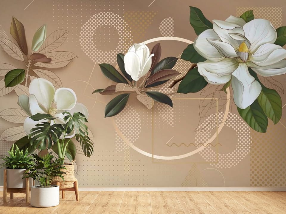 Fototapeta z trzema dużymi kwiatami magnolii na beżowym tle - ściana w jasnym przedpokoju