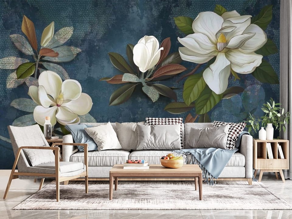 Fototapeta z białymi kwiatami magnolii na ciemnoniebieskim tle - kompozycja ściany w przytulnym salonie