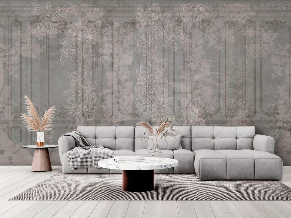 Fototapeta z ornamentami kwiatowymi na pastelowym tle dekoracyjnych paneli - elegancki salon w stylu minimalistycznym