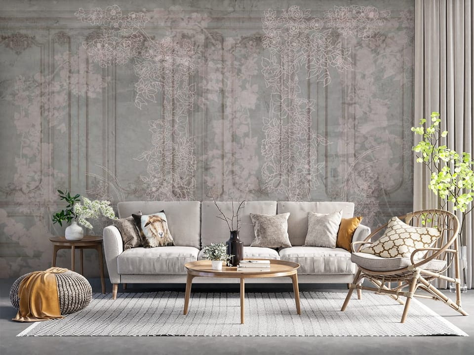 Fototapeta z ornamentami kwiatowymi na pastelowym tle dekoracyjnych paneli - salon z naturalnymi dodatkami