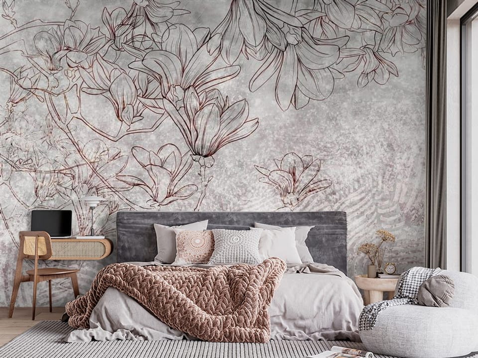 Fototapeta z kwiatami magnolii na gałęzi, z abstrakcyjnym tłem - sypialnia w stylu klasycznym z dużym oknem