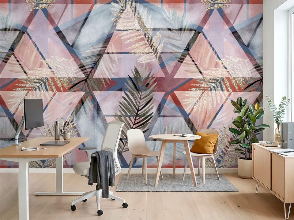 Fototapeta z geometrycznymi wzorami i pastelowymi liśćmi - widok na ścianę w nowoczesnym biurze